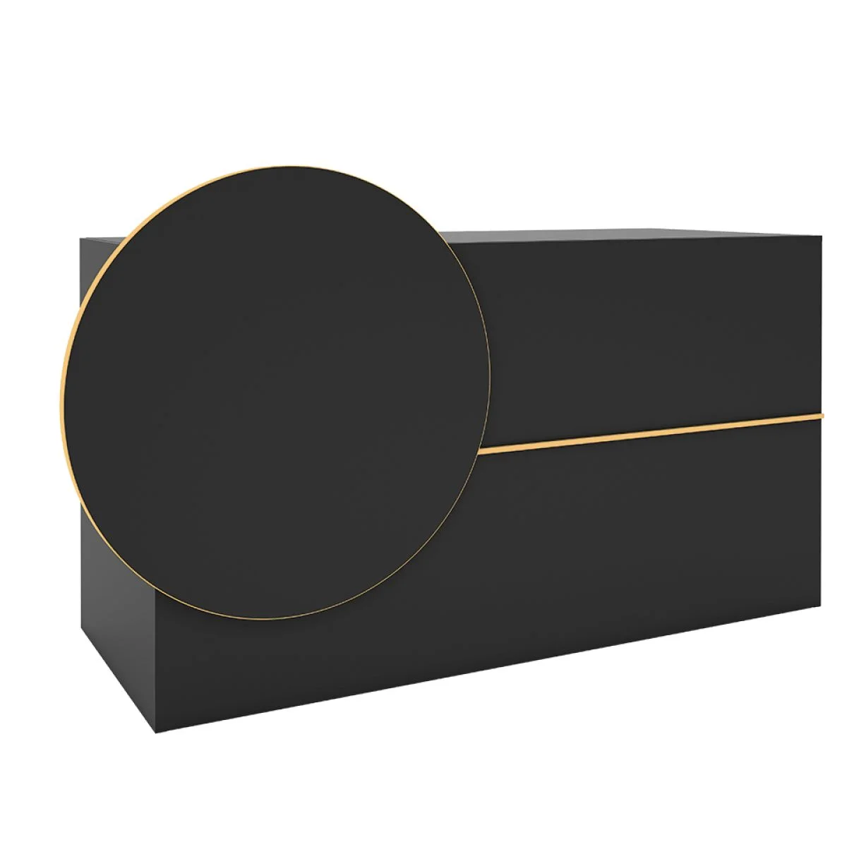 Reception desk with matt black melamine structure and front, with lockable drawer and retractable shelf. Front linear decoration plate in polished brass. Disc in matt black laminate with the edge in vinyl resin with a polished gold finish.