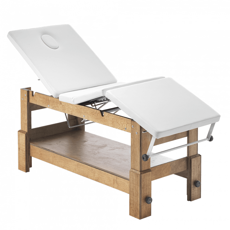 Beauty bed with 2 joints, adjustable in height and available in 3 colors.